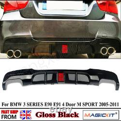 For BMW 3 E90 E91 M-Sport Gloss Black Rear Bumper Diffuser Quad Exhaust with LED